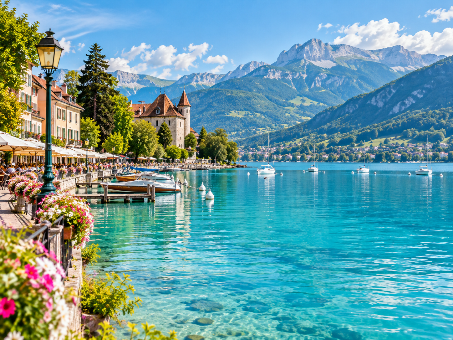 Lake Annecy waterfront with turquoise water and mountains in the French Alps