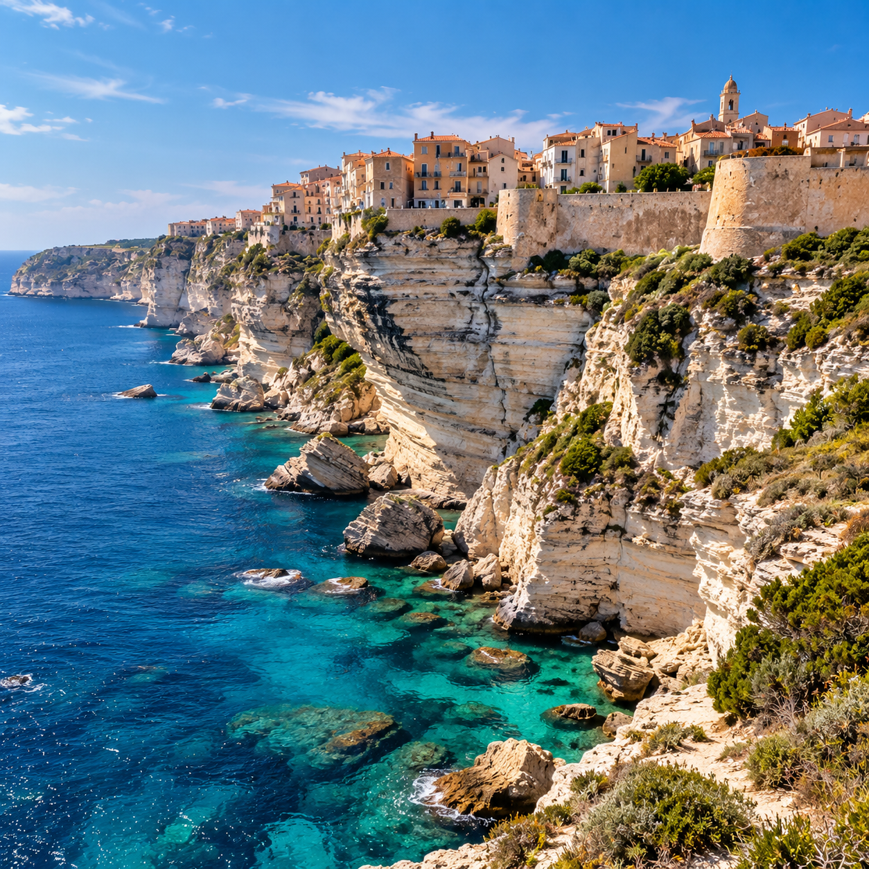 Bonifacio in Corsica perched on white limestone cliffs above the turquoise Mediterranean Sea.