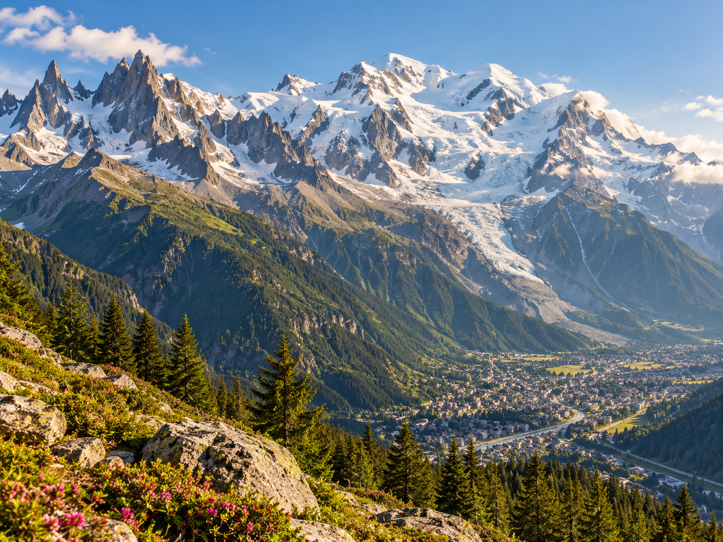Panoramic view of the Mont Blanc massif above Chamonix in the French Alps