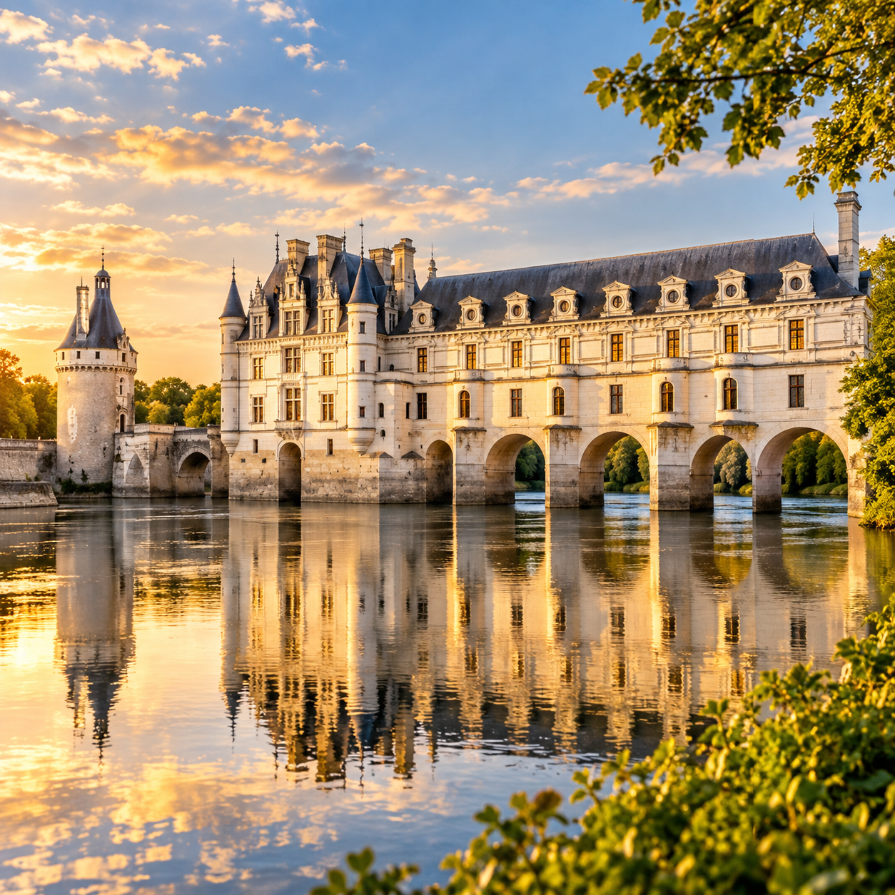 Château de Chenonceau spanning the River Cher in the Loire Valley, France, at golden hour.