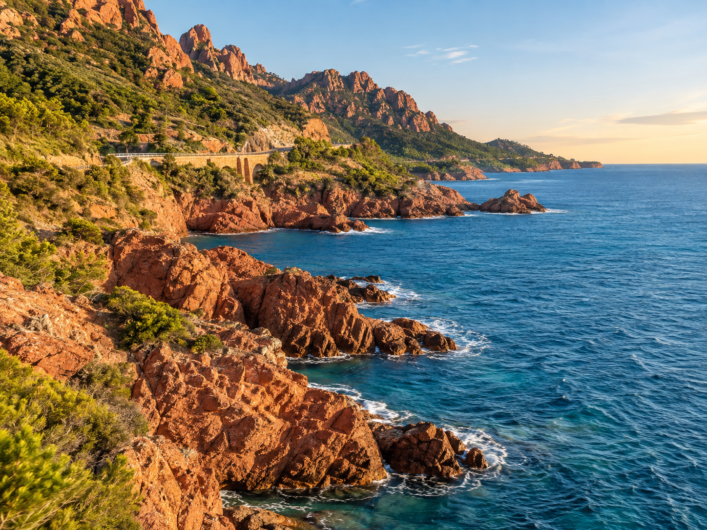 Red cliffs of the Esterel massif along the Corniche d’Or on the French Riviera