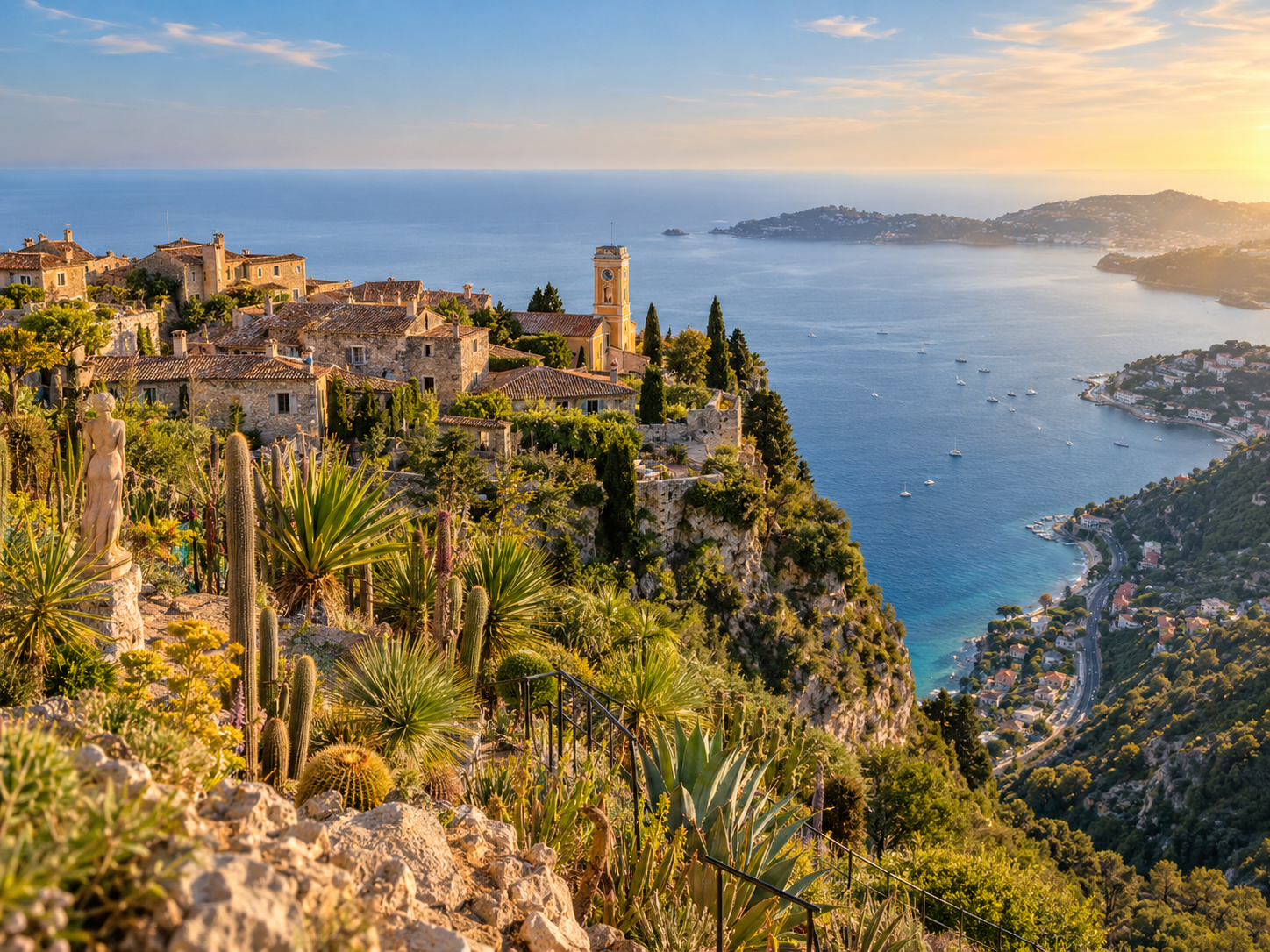 View of Èze Village and the Mediterranean coastline from the Jardin Exotique d’Èze on the French Riviera