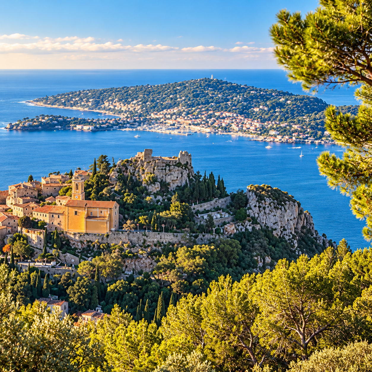 Èze village on the French Riviera overlooking the Mediterranean Sea and Saint-Jean-Cap-Ferrat.