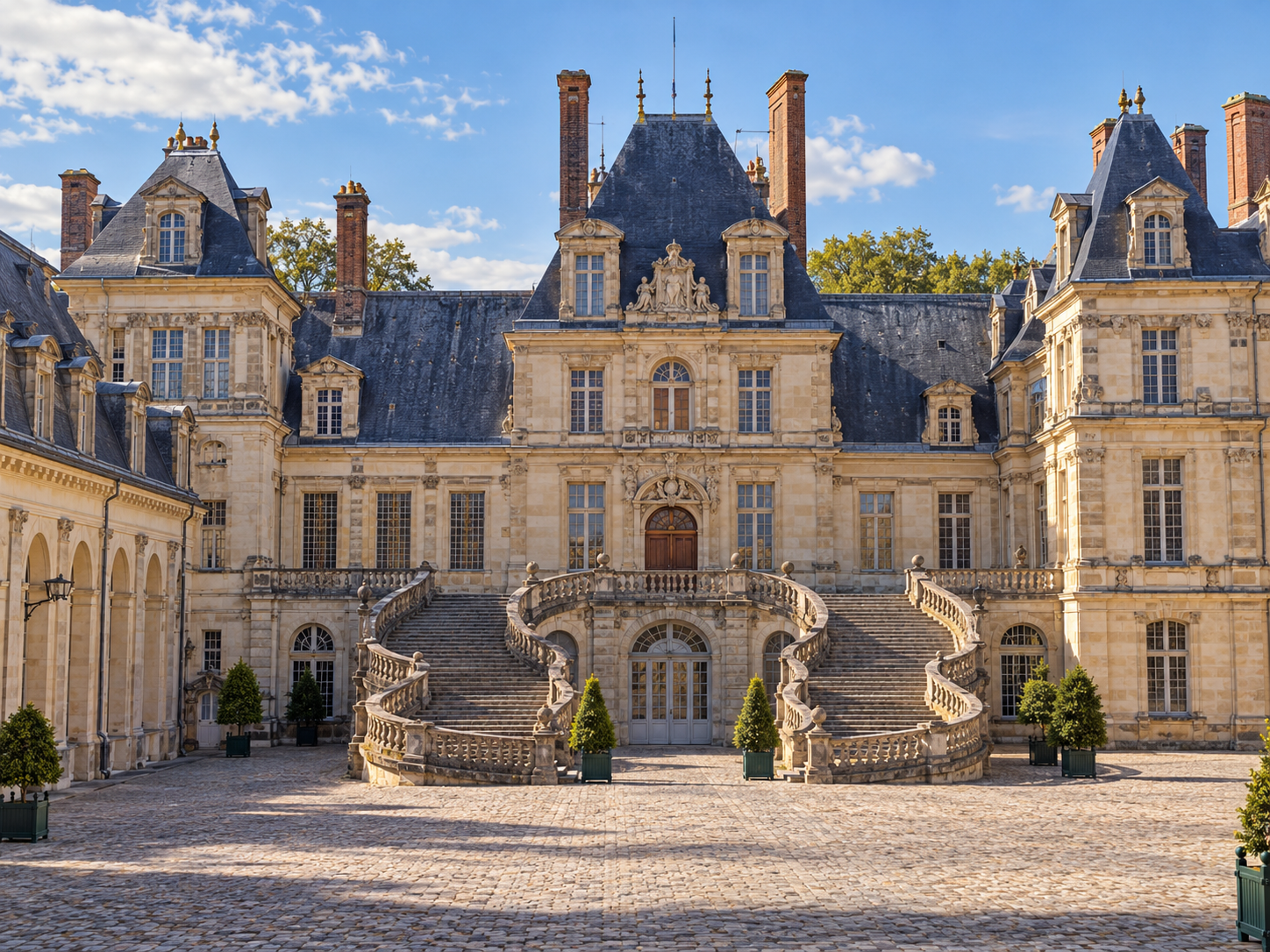 Château de Fontainebleau and its horseshoe staircase near Paris