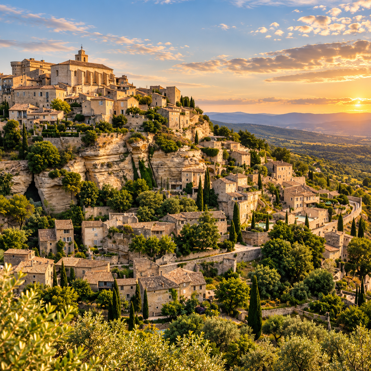 Gordes hilltop village in Provence, France, with stone houses and Luberon countryside at golden hour.