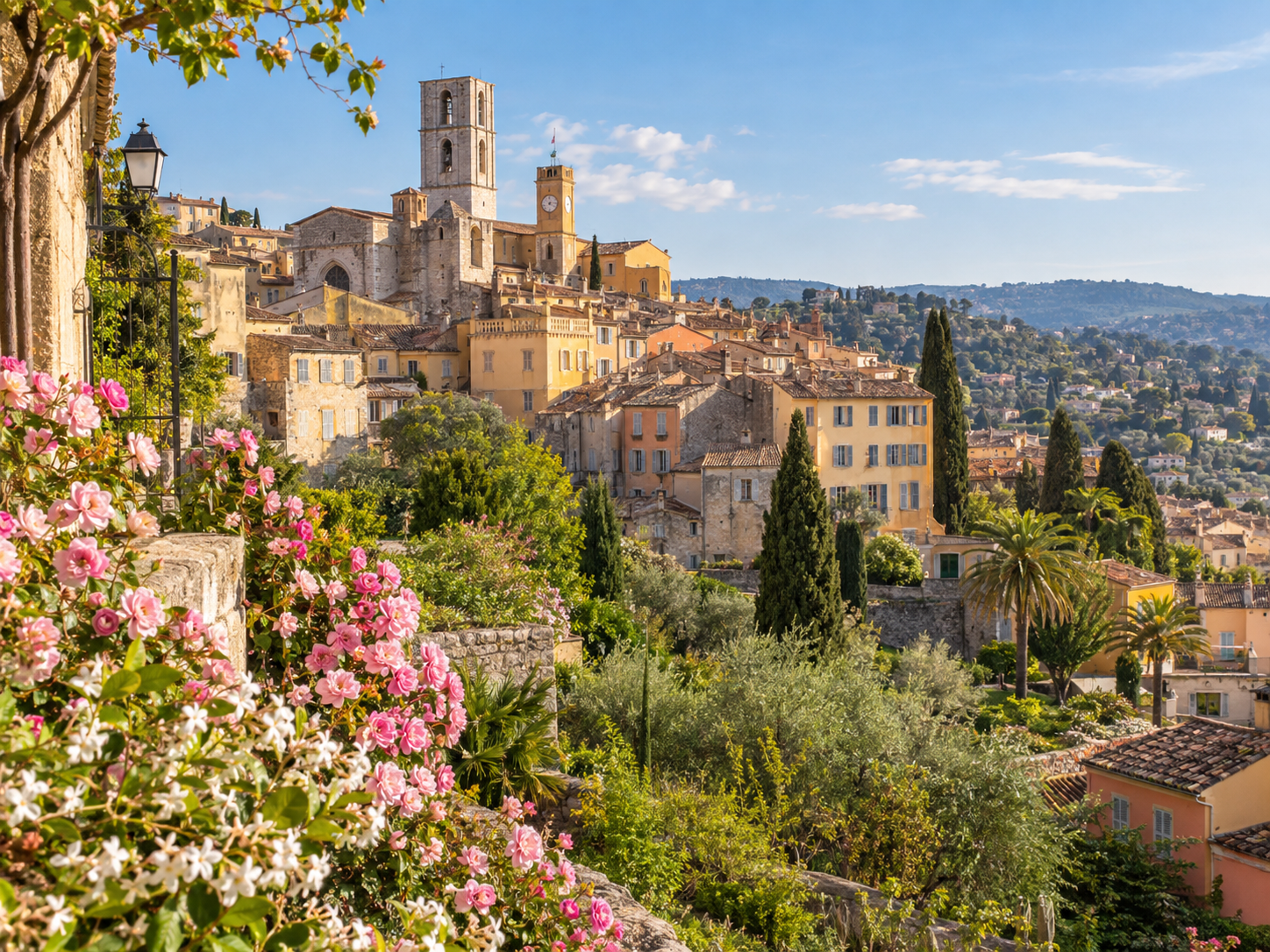 Spring view of Grasse old town with flowers on the French Riviera