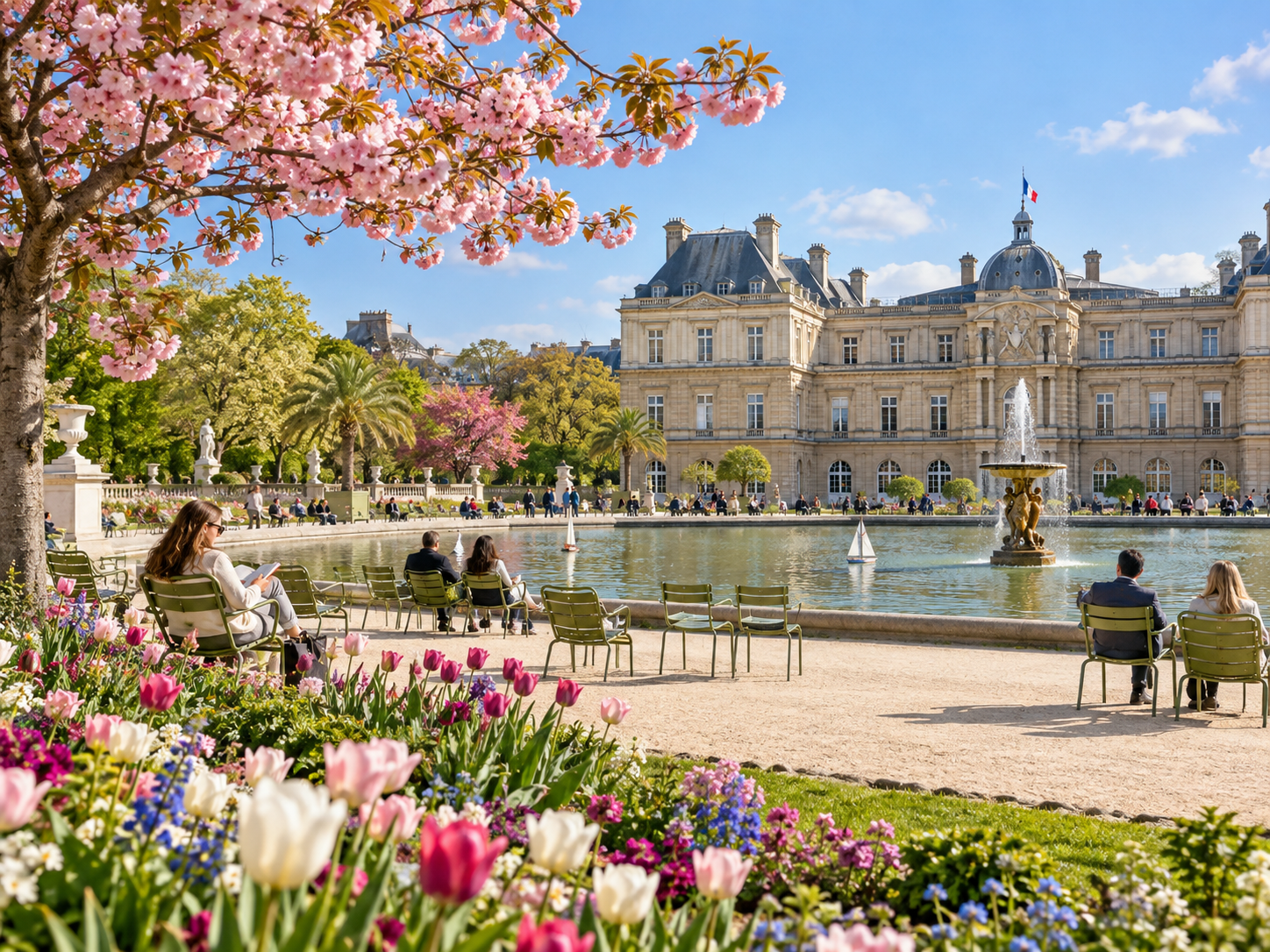 Spring flowers and the Luxembourg Palace in the Jardin du Luxembourg, Paris