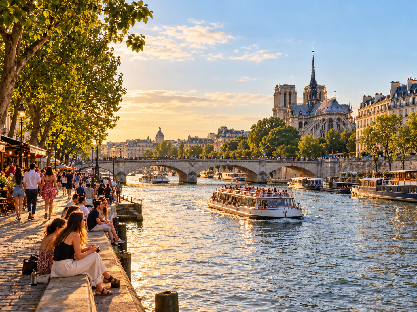 People relaxing along the Seine riverbanks in Paris on a summer evening