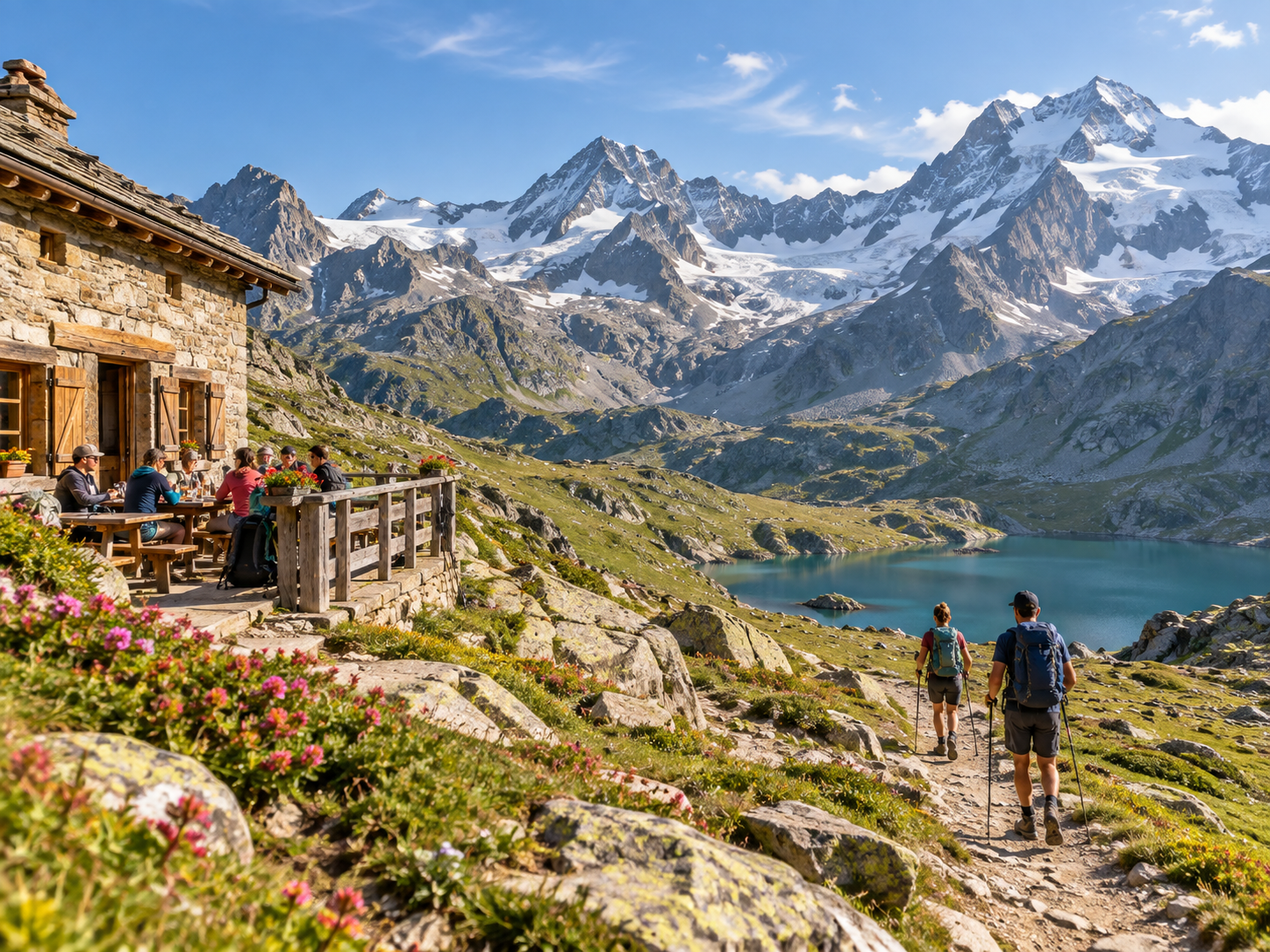 Hikers near an alpine refuge in Vanoise National Park in the French Alps