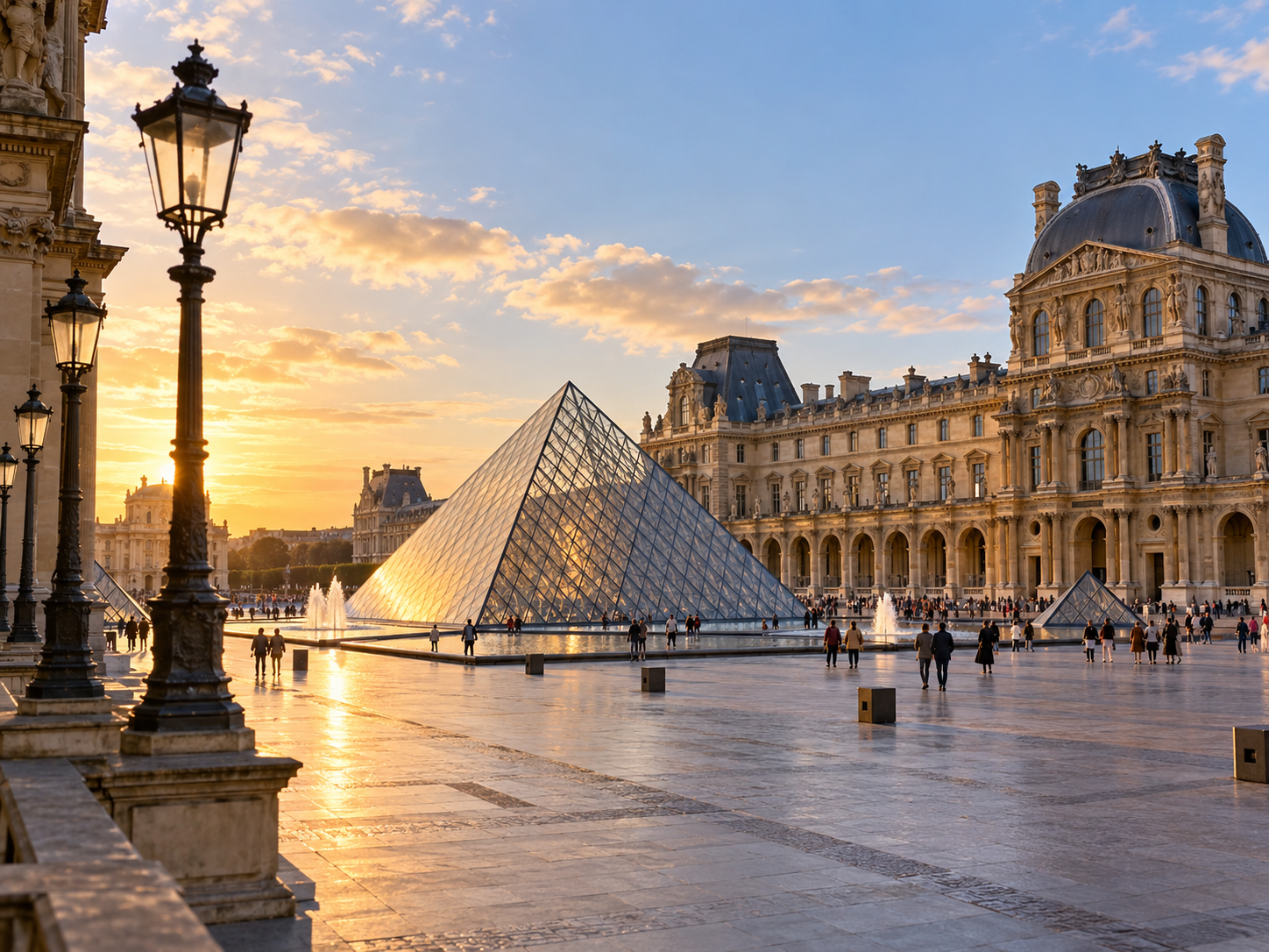 Louvre Museum and glass pyramid in Paris at golden hour