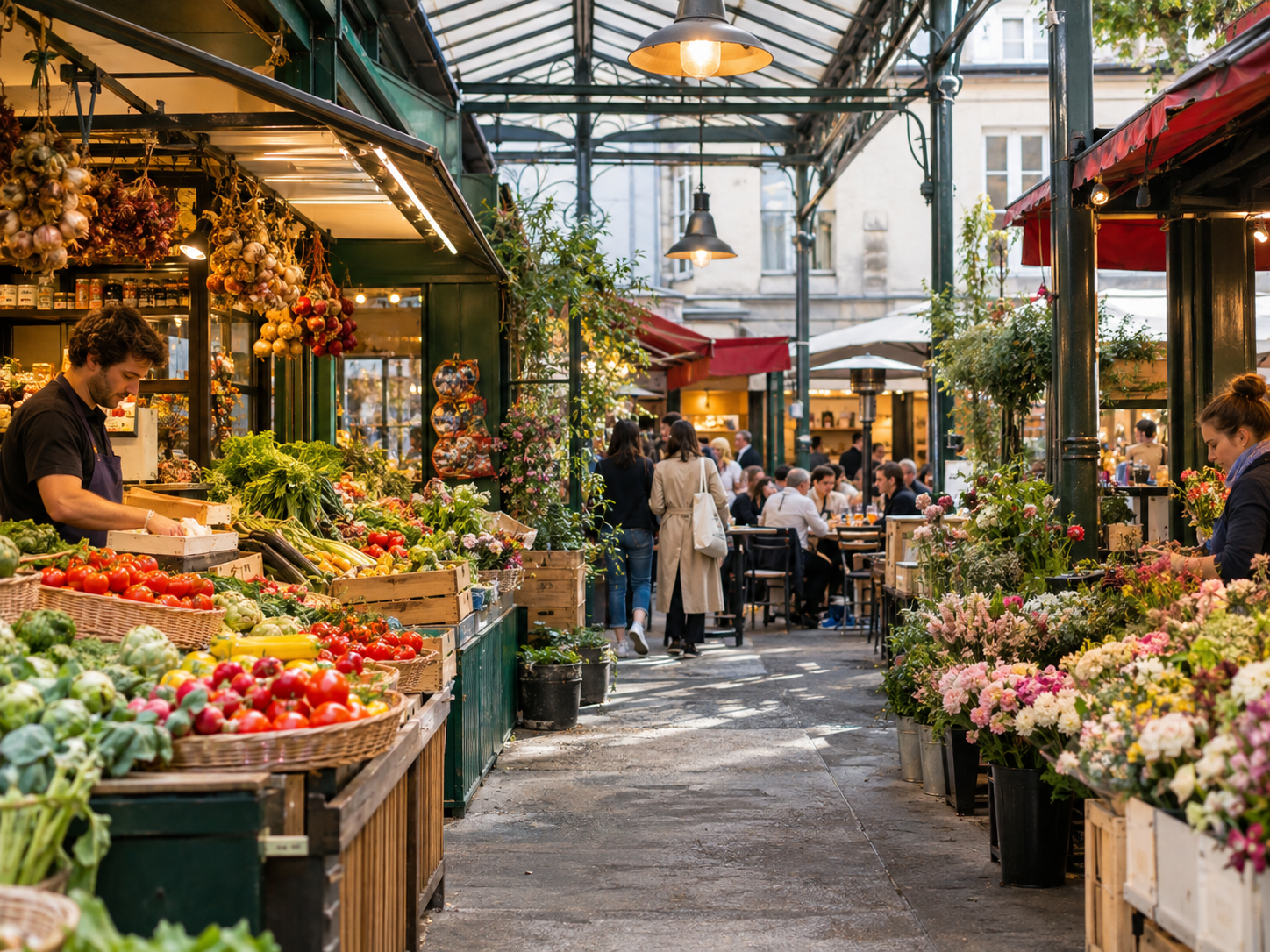 Covered market scene at Marché des Enfants Rouges in Le Marais, Paris