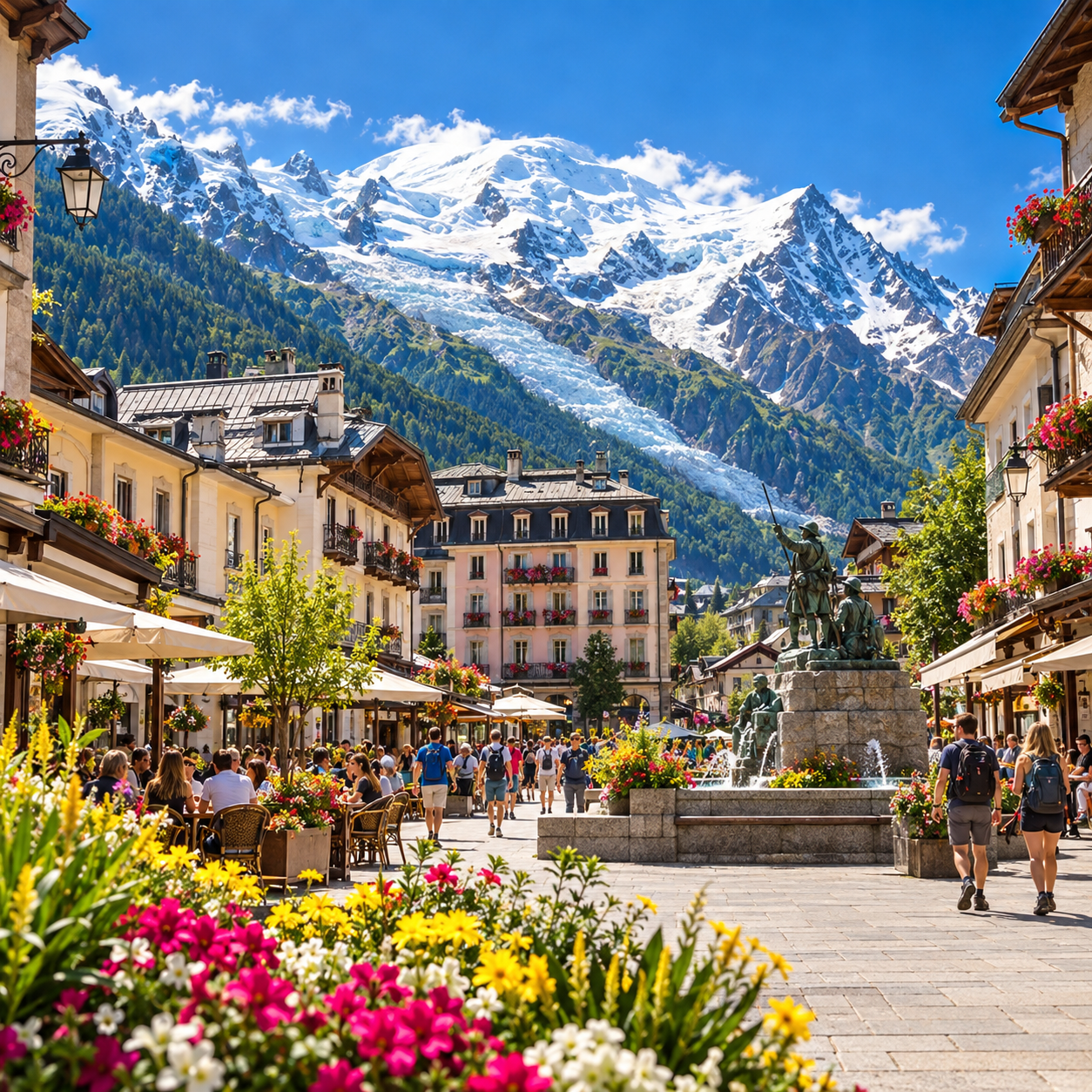 Chamonix-Mont-Blanc town centre with alpine buildings and the Mont Blanc massif in the background.