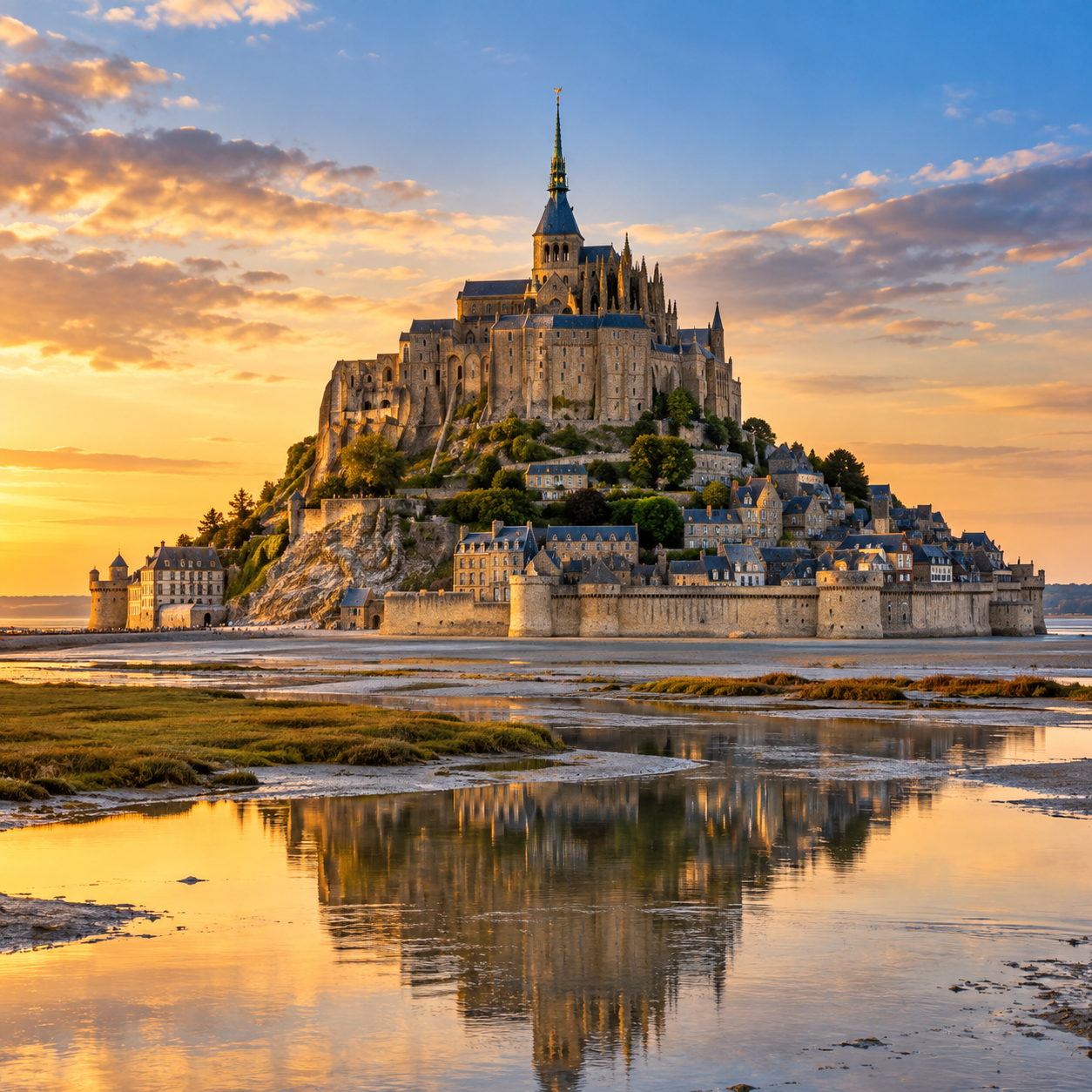 Mont-Saint-Michel rising above the tidal bay in Normandy, France, at golden hour.