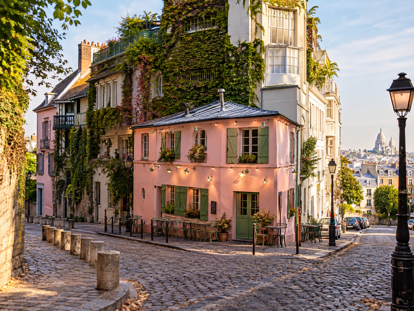 Charming cobblestone street in Montmartre near Rue de l’Abreuvoir in Paris