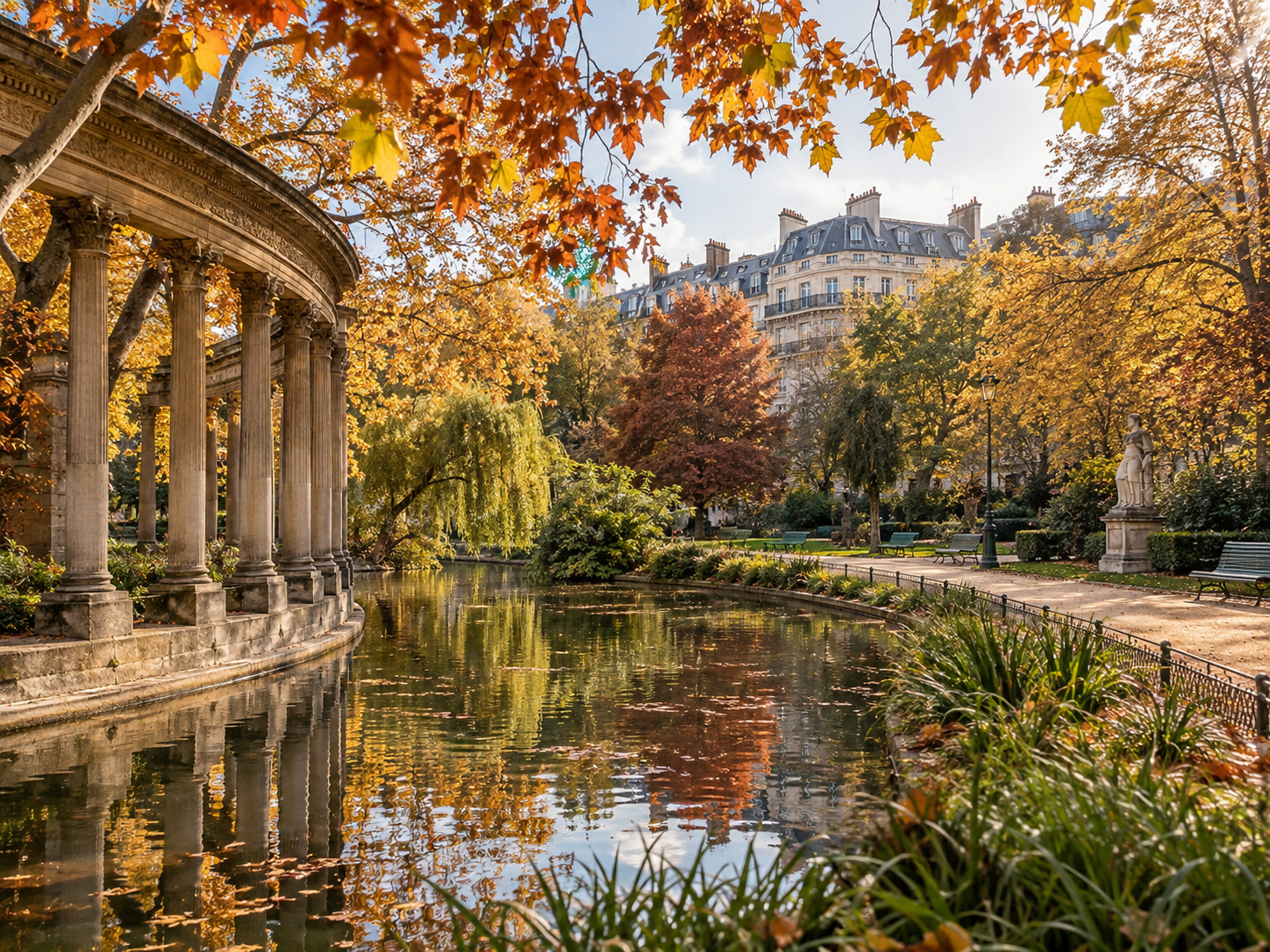 Golden autumn foliage in Parc Monceau, Paris