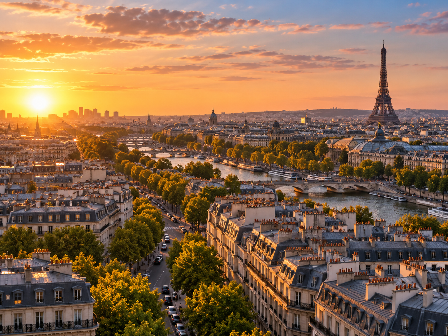 Panoramic view of Paris with the Eiffel Tower and the Seine at sunset