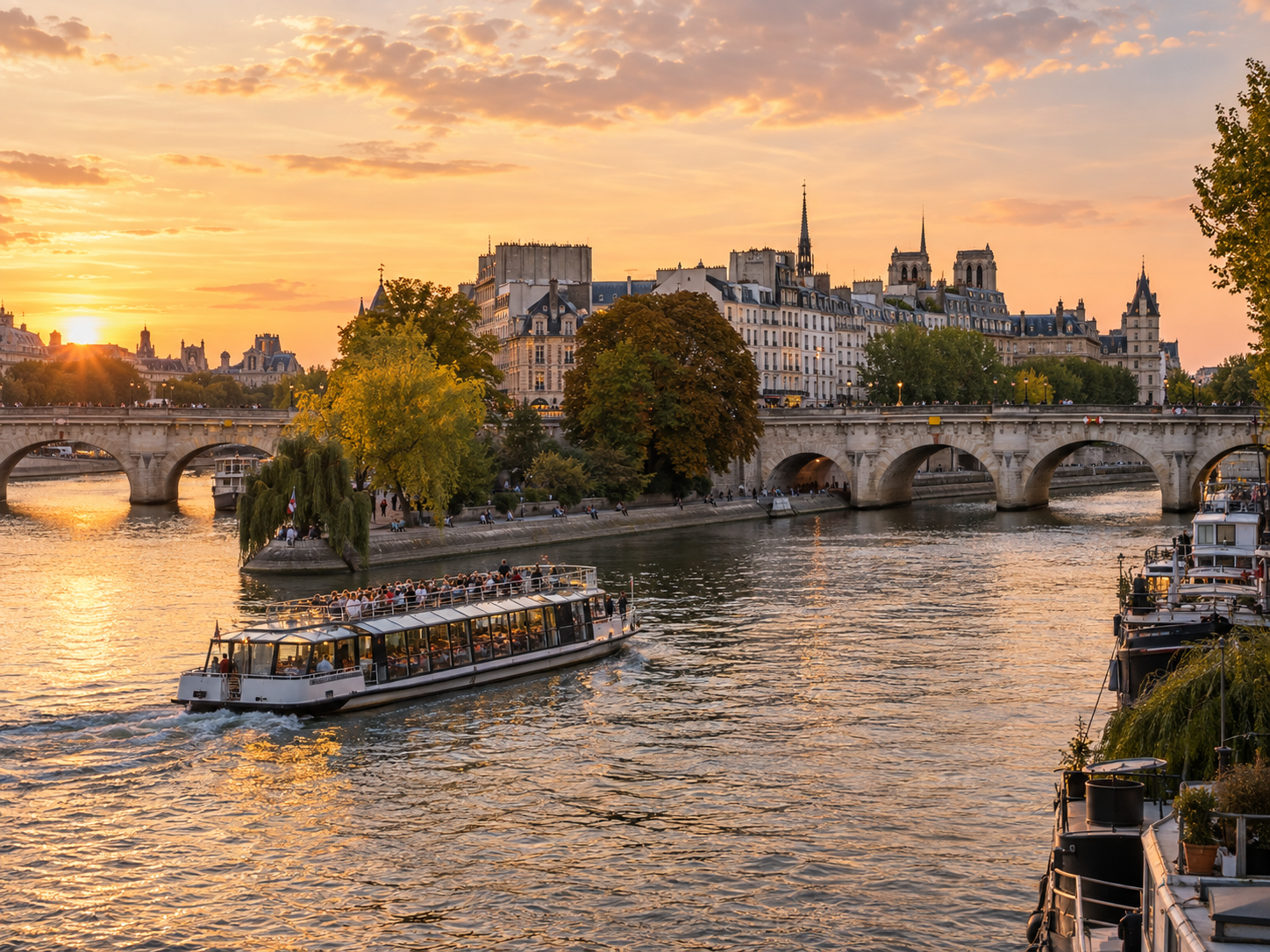 Golden-hour view of the Seine, Pont Neuf and Île de la Cité in Paris