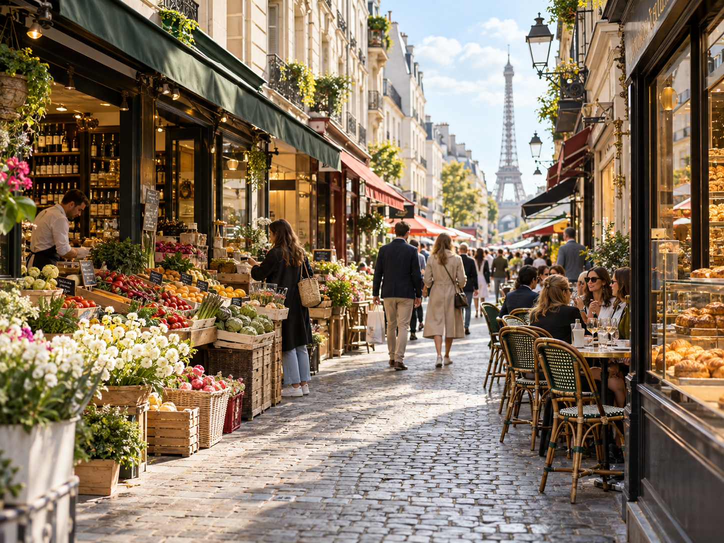Parisian market street with food stalls, cafés and shops near Rue Cler