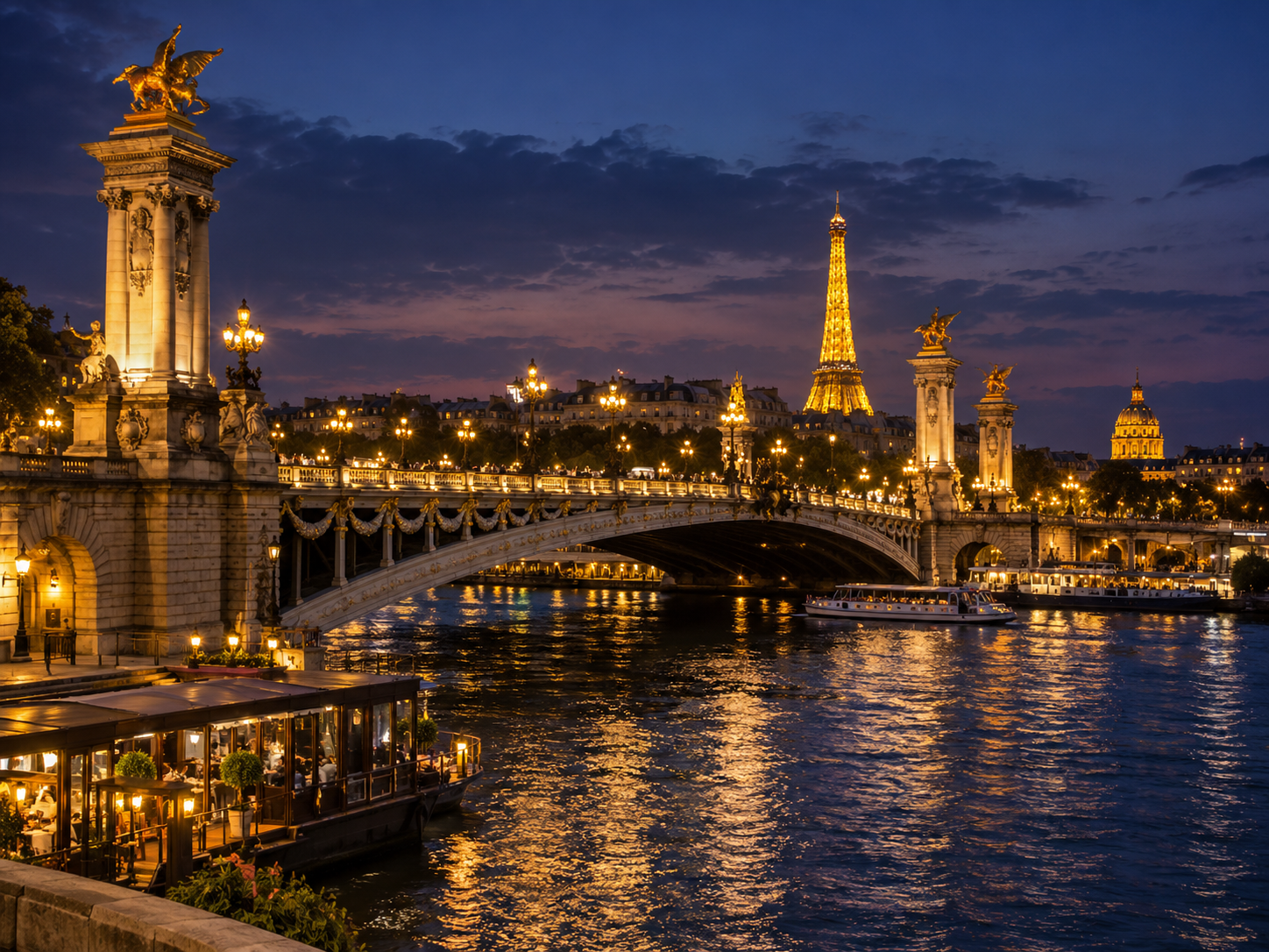 Illuminated Pont Alexandre III and Eiffel Tower at night in Paris