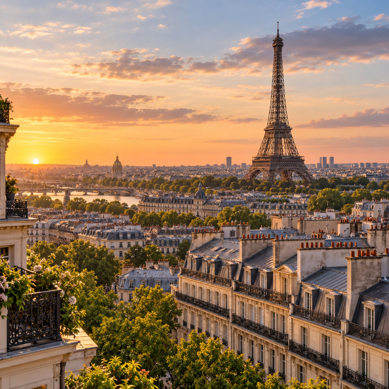 Paris skyline at sunset with the Eiffel Tower and Haussmann rooftops, representing Paris and Île-de-France.
