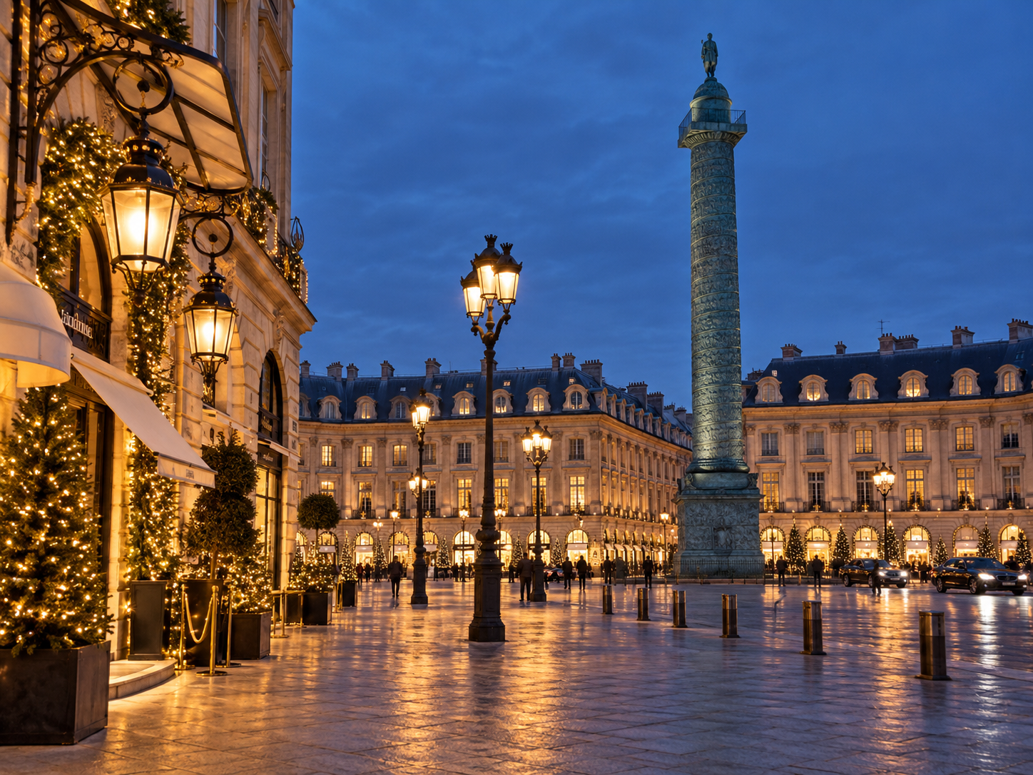 Place Vendôme illuminated with festive lights on a winter evening in Paris