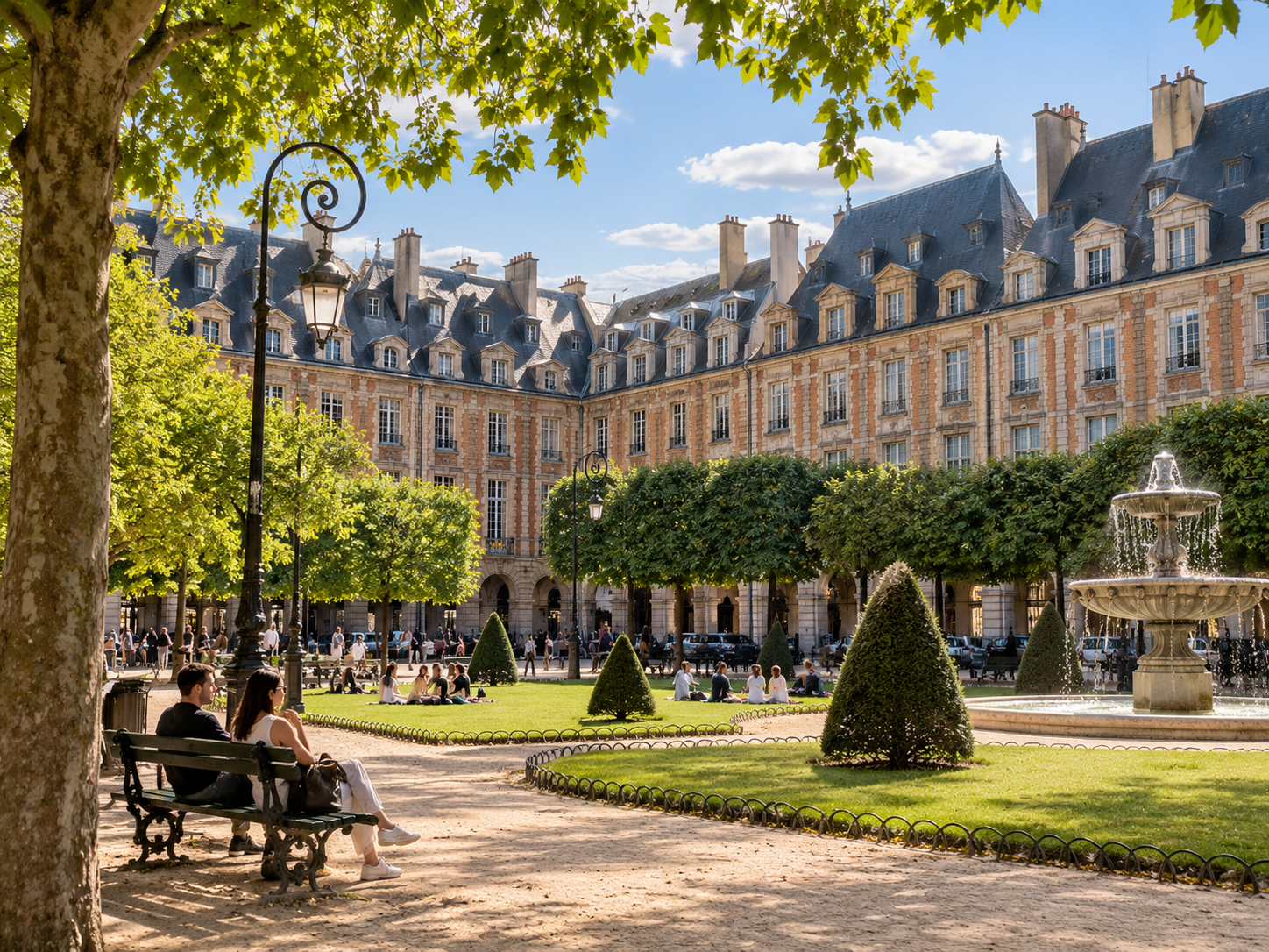 Place des Vosges garden and historic buildings in Le Marais, Paris