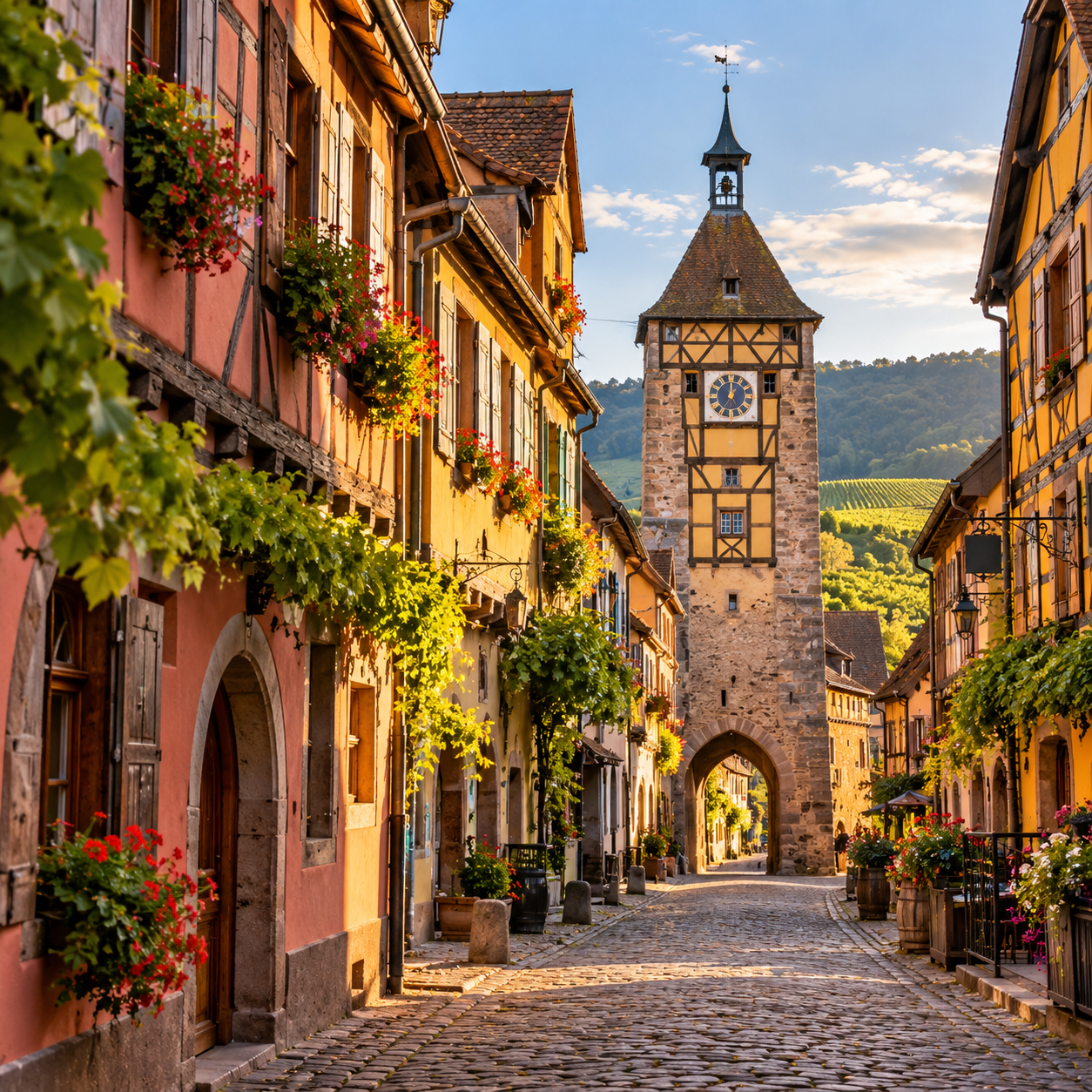 Riquewihr village in Alsace, France, with colourful half-timbered houses and vineyards.