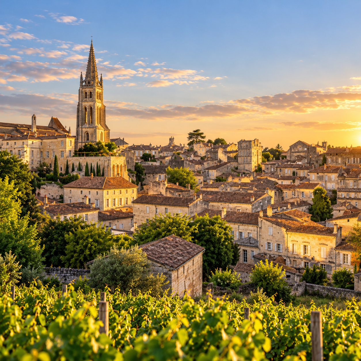 Saint-Émilion village and vineyards in the Bordeaux wine region, France, at golden hour.