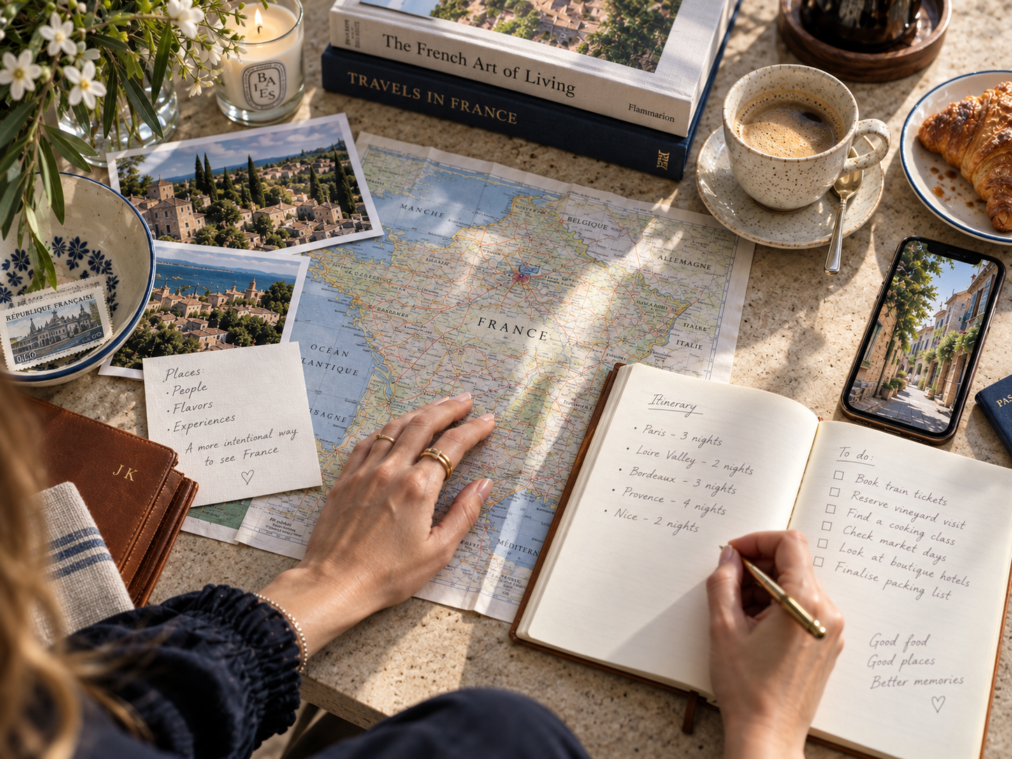 Travel planning for France with map, itinerary notebook and destination research