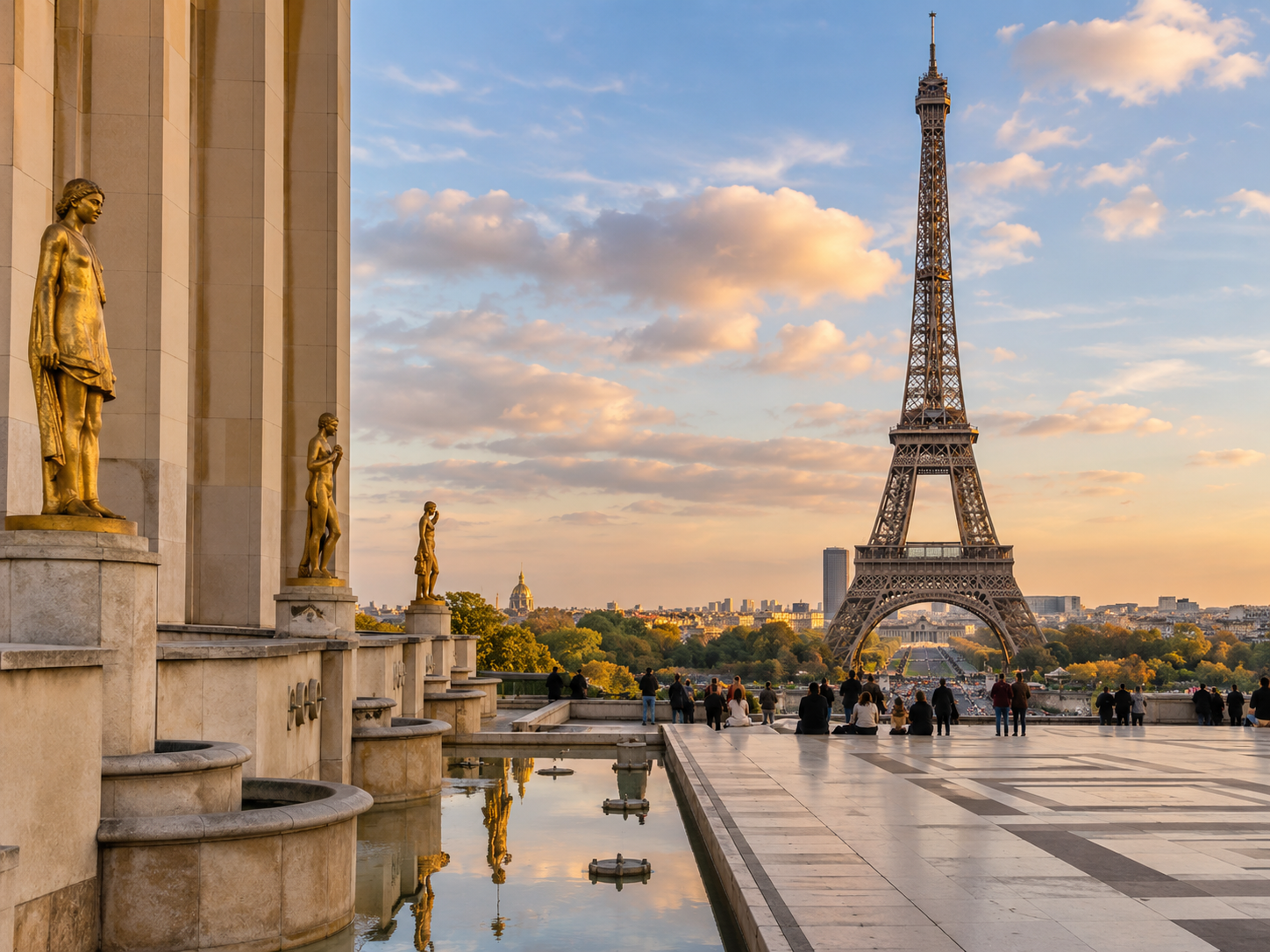 Golden-hour view of the Eiffel Tower from Trocadéro in Paris