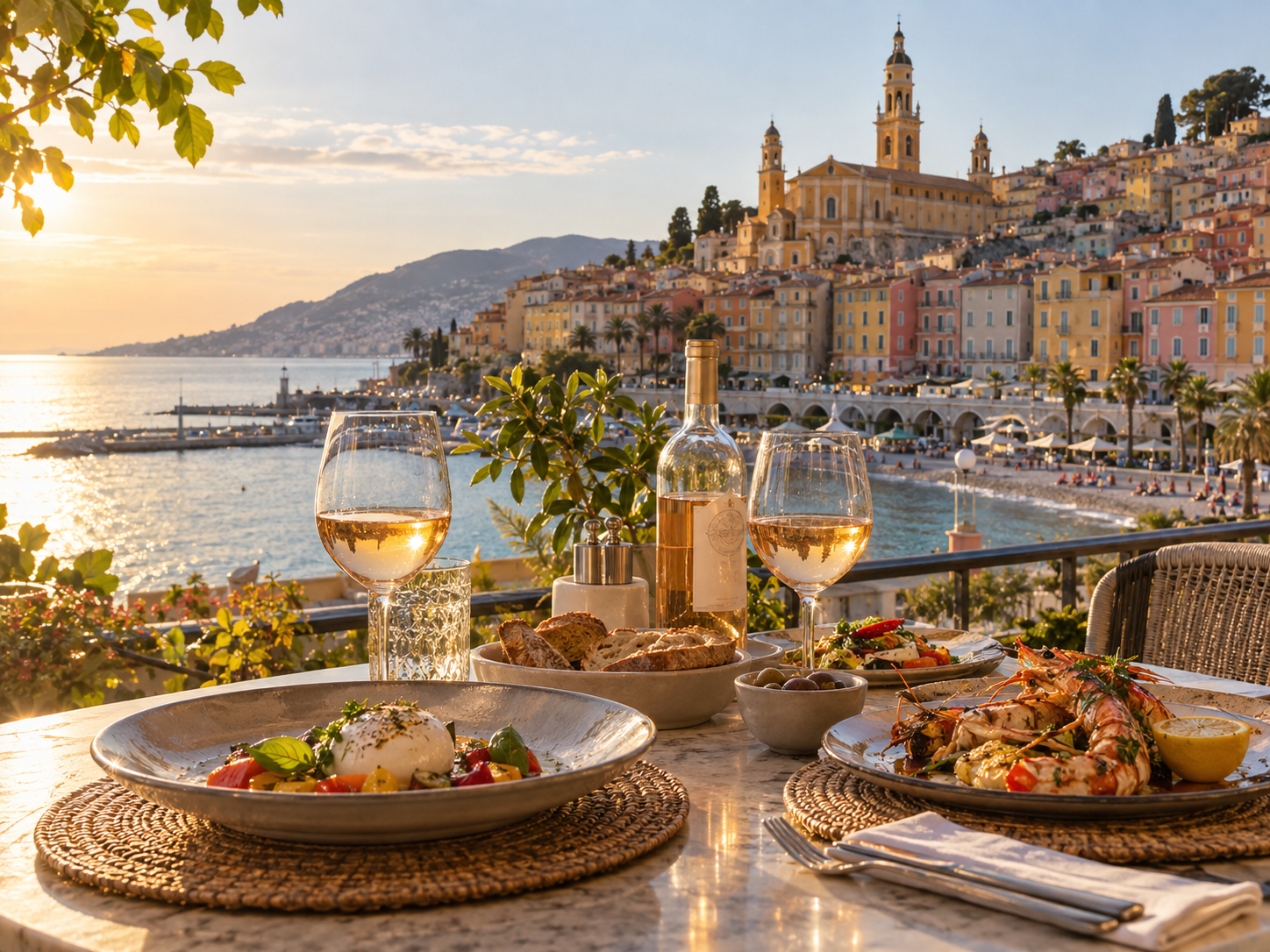 Mediterranean dining with a view of Menton Old Town on the French Riviera