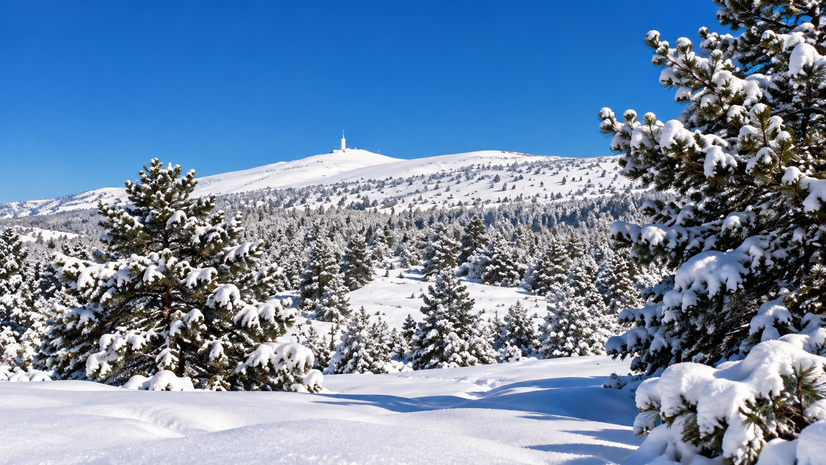 Snow-covered Mont Ventoux in winter, Provence, France