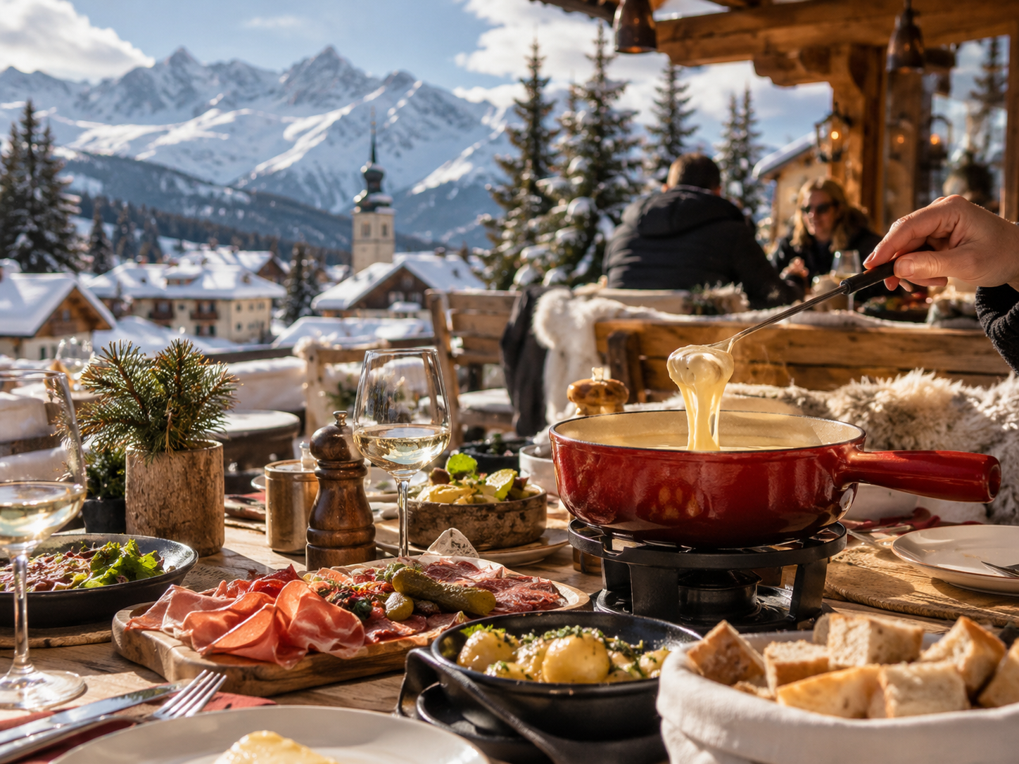 Savoyard fondue served on a mountain terrace in the French Alps