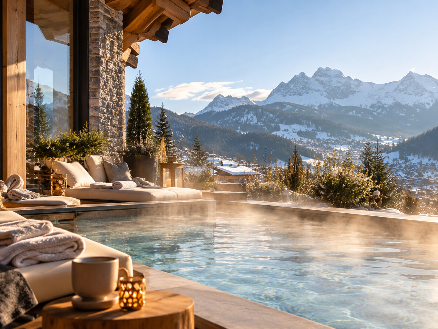 Luxury Alpine spa with heated pool and mountain view in the French Alps