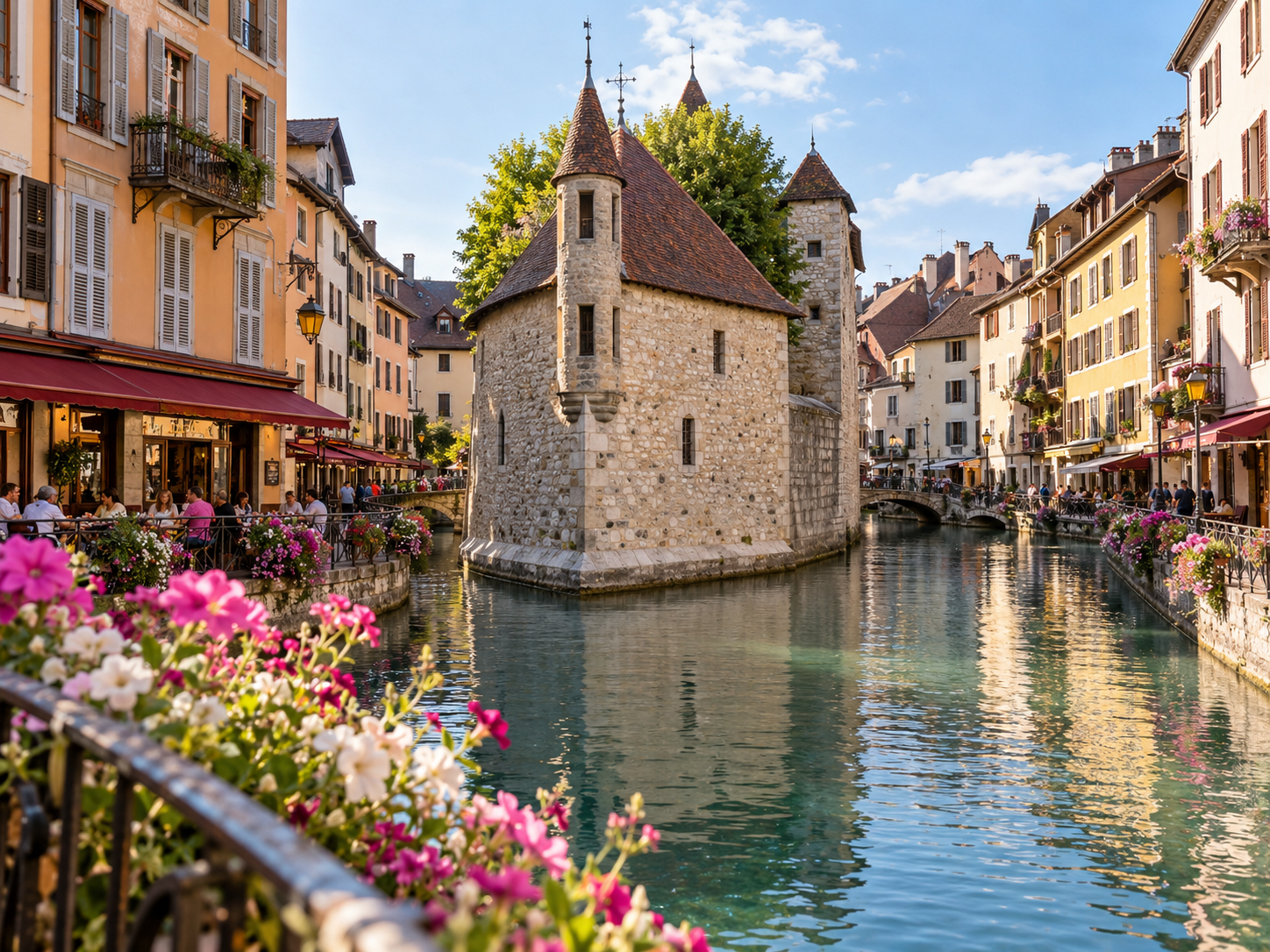 Annecy old town canals with historic buildings and flowers