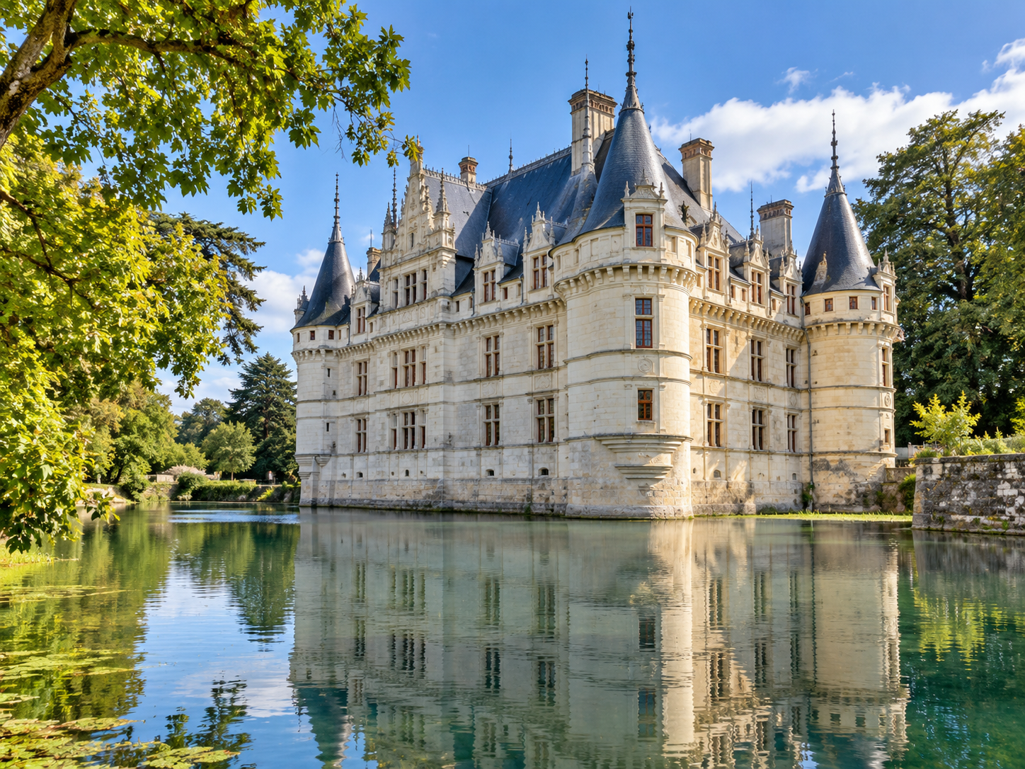 Château d’Azay-le-Rideau reflected in the water in the Loire Valley
