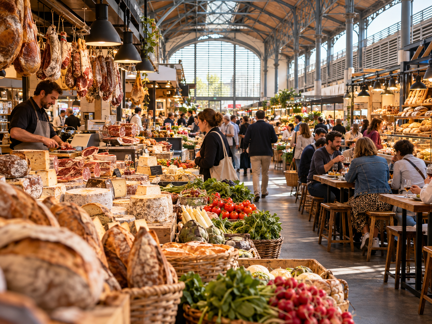 Local food market in Bordeaux with bread, cheese, charcuterie and fresh produce