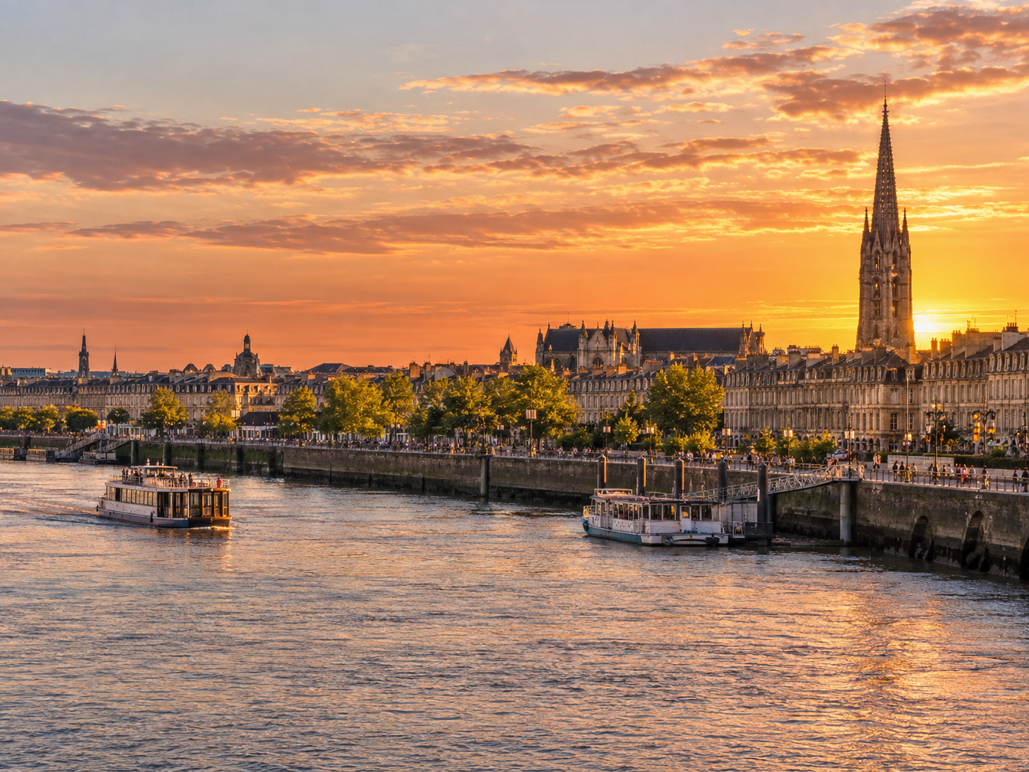 Bordeaux skyline and Garonne River at sunset