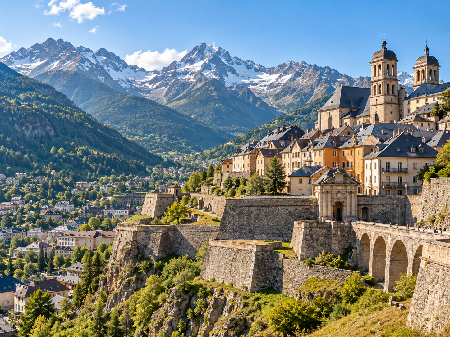 Historic Briançon fortifications with mountains in the Southern French Alps