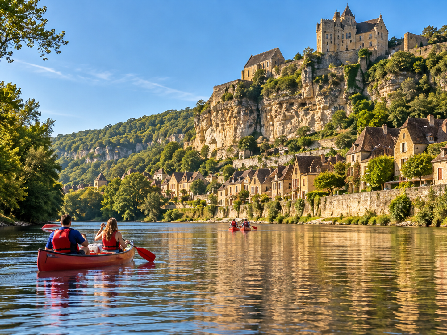 Canoeing on the Dordogne River beneath cliffs and a medieval village