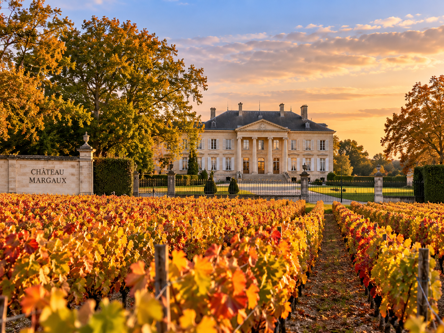 Château Margaux surrounded by autumn vineyards in Bordeaux