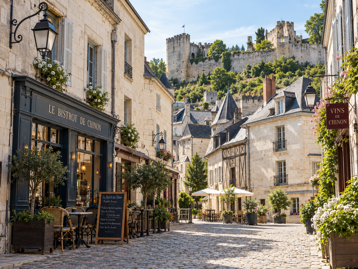 Historic street in Chinon with the Royal Fortress above the old town