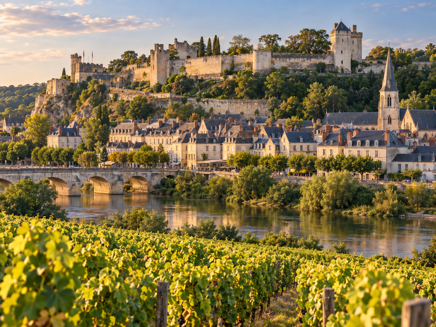 Chinon, its fortress and vineyards in the Loire Valley, France