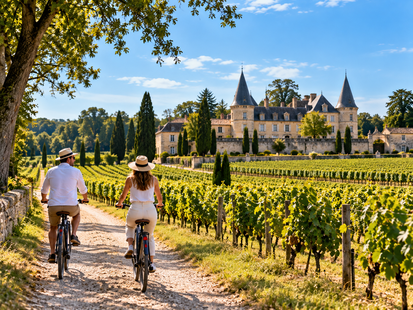 Cyclists riding through vineyards in the Médoc wine region near Bordeaux Title : Cycling through the Médoc vineyards