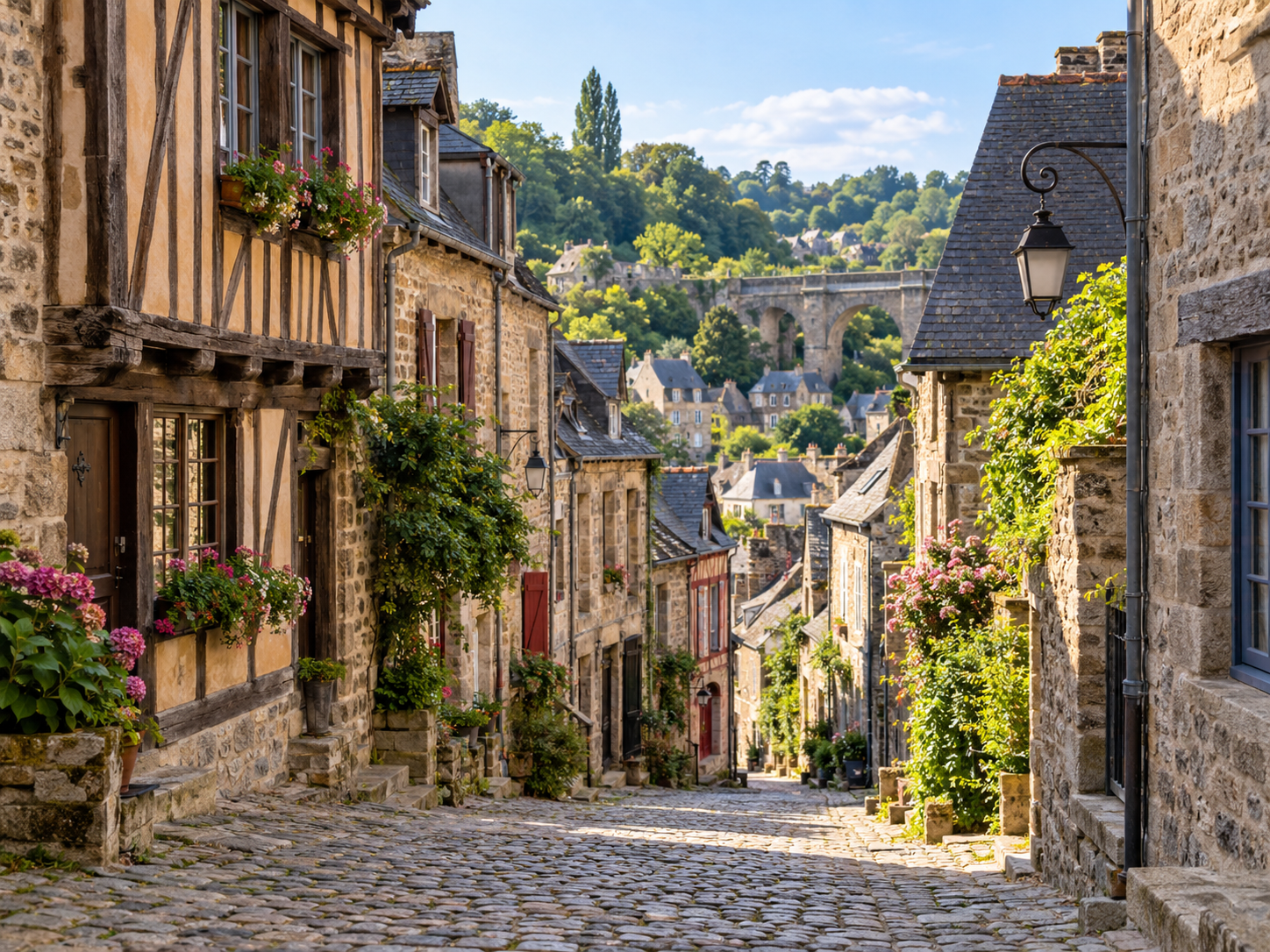 Medieval street and half-timbered houses in Dinan, Brittany