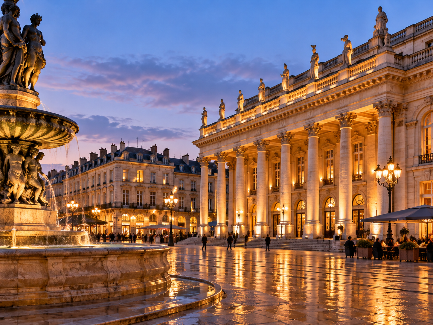Grand Théâtre de Bordeaux illuminated at blue hour in winter