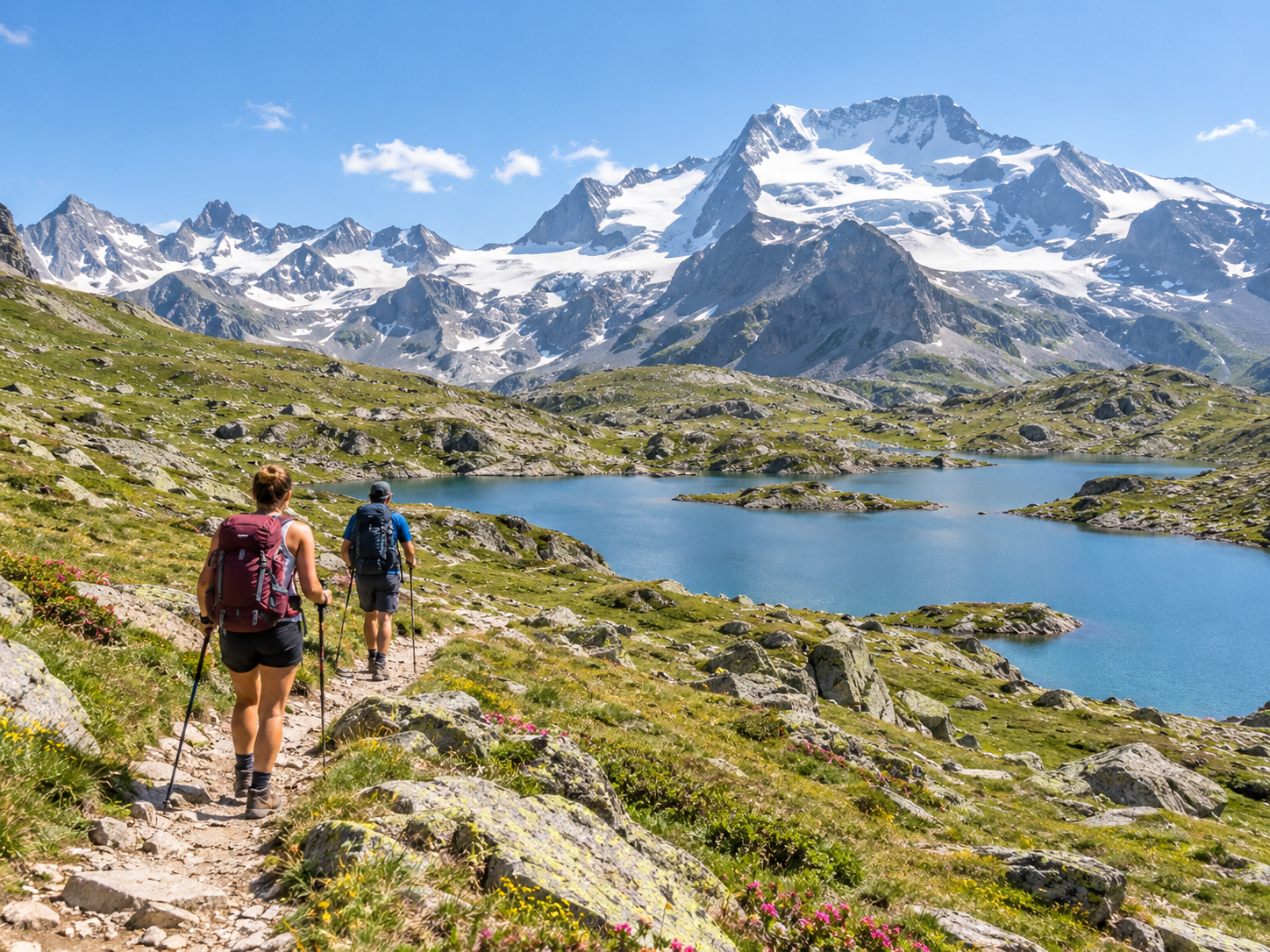 Hikers on an Alpine trail beside a glacial lake in the French Alps