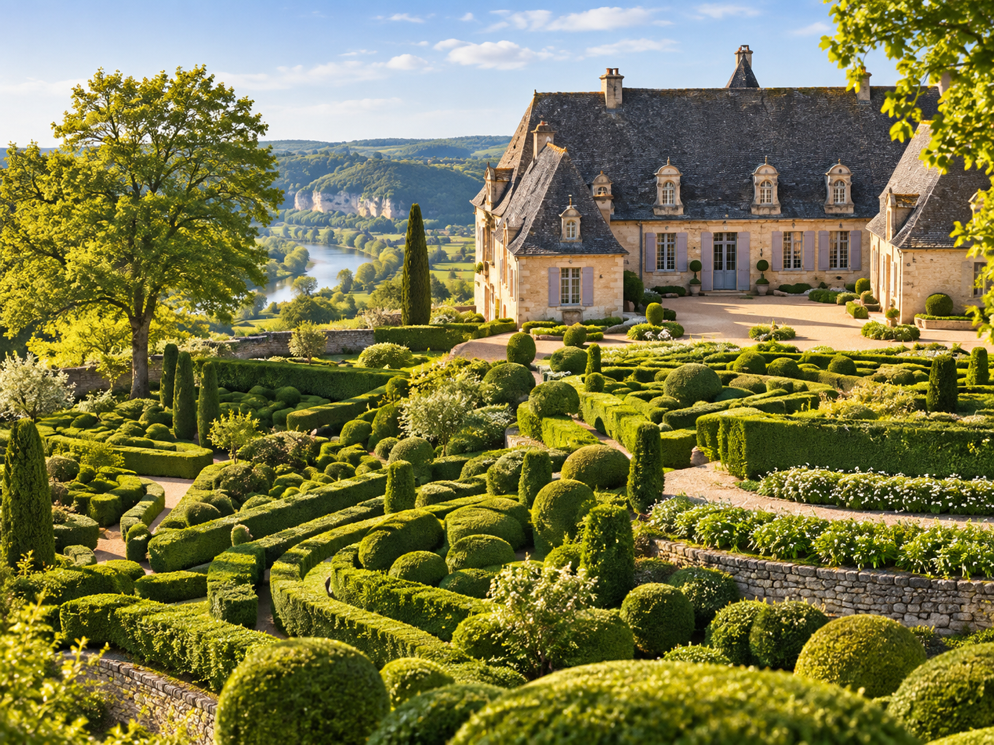Jardins de Marqueyssac overlooking the Dordogne Valley in spring