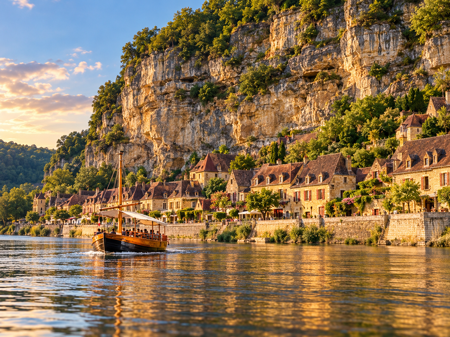 La Roque-Gageac village along the Dordogne River beneath its limestone cliff
