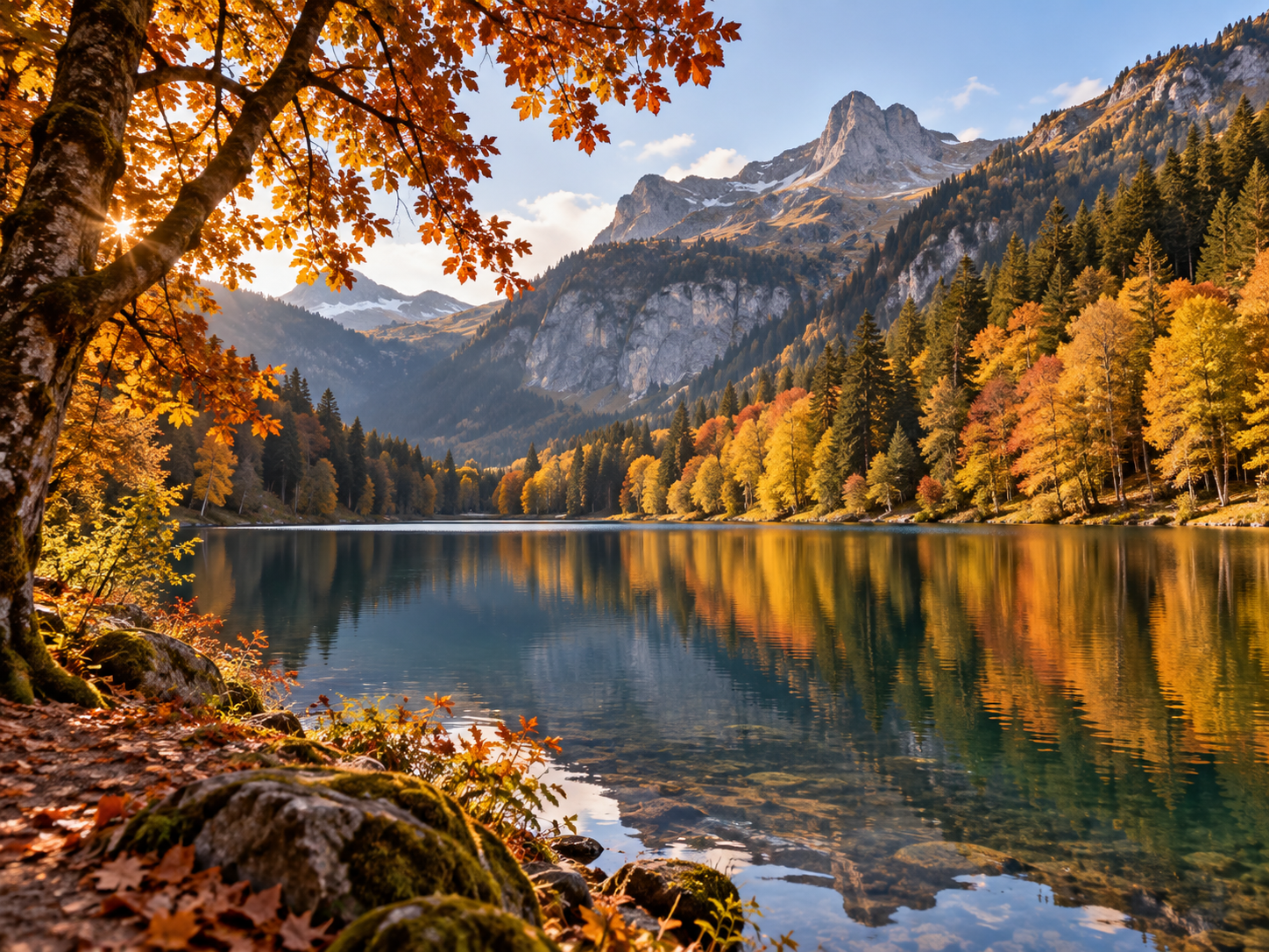 Lake Montriond surrounded by autumn foliage in the French Alps